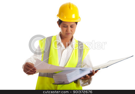 To use this stock image in your creative project, please select the size you need over to the right and click the "Add to Cart" button.
Your downloaded image will come with the Cutcaster watermark removed so don’t worry about the watermark you see on this page. Engineer at work stock photo, A woman working as an engineer in a yellow safety vest and yellow helmet by p.studio66