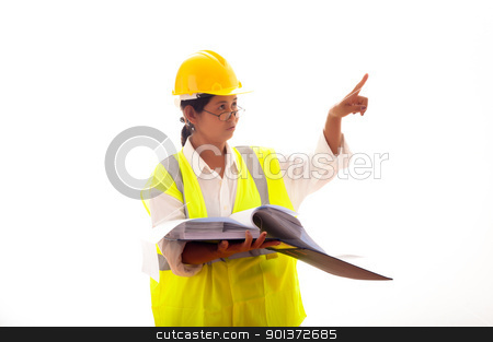 To use this stock image in your creative project, please select the size you need over to the right and click the "Add to Cart" button.
Your downloaded image will come with the Cutcaster watermark removed so don’t worry about the watermark you see on this page. Engineer at work stock photo, A woman working as an engineer in a yellow safety vest and yellow helmet by p.studio66