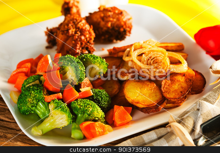 Fried potatoes broccoli carrots and roasted chicken Fried potatoes broccoli carrots and roasted chicken stock photo, Fried potatoes broccoli carrots and roasted chicken by p.studio66