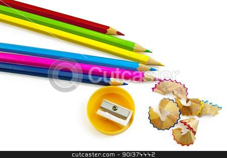 Colored pencils with sharpener Colored pencils with sharpener stock photo, Blue, pink, yellow, green, maroon pencils, pencil sharpener and a yellow color chips isolated on a white background by rezkrr