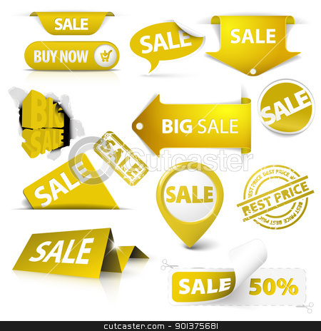 To use this stock image in your creative project, please select the size you need over to the right and click the "Add to Cart" button.
Your downloaded image will come with the Cutcaster watermark removed so don’t worry about the watermark you see on this page. Collection of vector golden yellow sale tickets, labels, stamps stock vector clipart, Collection of vector golden yellow sale tickets, labels, stamps, stickers, corners, tags on white background by orson