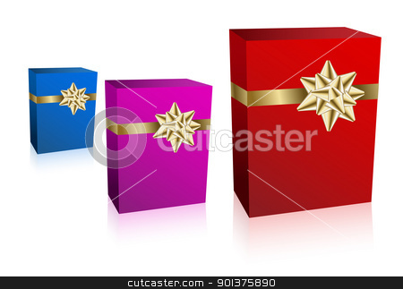 To use this stock image in your creative project, please select the size you need over to the right and click the "Add to Cart" button.
Your downloaded image will come with the Cutcaster watermark removed so don’t worry about the watermark you see on this page. Three gift boxec with golden bow stock vector clipart, Three Christmas / Valentine / Birthday Gift boxes (vector) by orson
