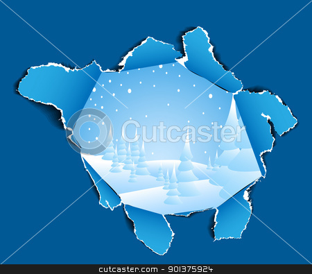 Hole to the winter snowy landscape Hole to the winter snowy landscape stock vector clipart, Hole in the paper to the winter snowy landscape by orson