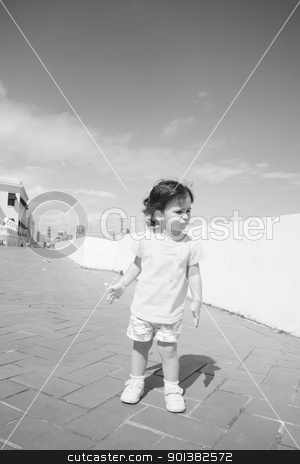 Sad baby in a corridor missing her family Sad baby in a corridor missing her family stock photo, Sad baby in a corridor missing her family by dacasdo