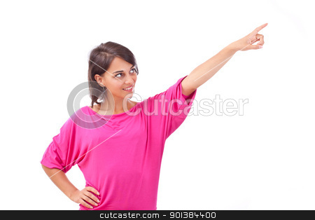 To use this stock image in your creative project, please select the size you need over to the right and click the "Add to Cart" button.
Your downloaded image will come with the Cutcaster watermark removed so don’t worry about the watermark you see on this page. woman pointing to the side against stock photo, Portrait of happy woman pointing to the side against white background by Grafvision