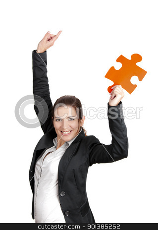 Successful woman Successful woman stock photo, Happy business woman holding a big piece of puzzle, isolated on white by ikostudio