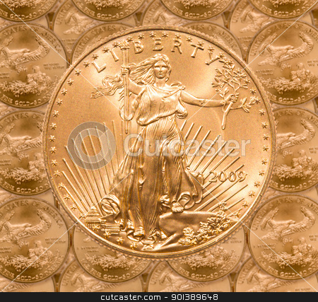 To use this stock image in your creative project, please select the size you need over to the right and click the "Add to Cart" button.
Your downloaded image will come with the Cutcaster watermark removed so don’t worry about the watermark you see on this page. Single Liberty gold coin stock photo, Gold Eagle one ounce coins in a patterns and stacked on each row with a single Liberty coin on the top by Steven Heap