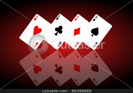 Feeling lucky concept. Feeling lucky concept. stock photo, Illustrated four ace cards standing in formation on their corners and reflecting into foreground. Black and red background. by Samantha Craddock