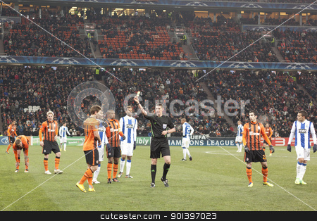 To use this stock image in your creative project, please select the size you need over to the right and click the "Add to Cart" button.
Your downloaded image will come with the Cutcaster watermark removed so don’t worry about the watermark you see on this page. Referee Craig Thomson (SCO) shows a yellow card stock photo, DONETSK, UKRAINE - NOVEMBER 23, 2011: Referee Craig Thomson (SCO) shows a yellow card Vasyl Kobin (No. 14, Shakhtar) in the match of the Champions League FC Shakhtar Donetsk vs. FC Porto in Donetsk Donbass Arena on November 23, 2011. by virin