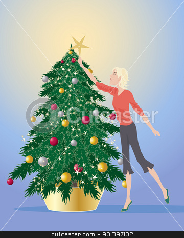 To use this stock image in your creative project, please select the size you need over to the right and click the "Add to Cart" button.
Your downloaded image will come with the Cutcaster watermark removed so don’t worry about the watermark you see on this page. decorating a christmas tree stock vector clipart, an illustration of a woman decorating a christmas tree with a golden star on a blue and yellow background by Mike Smith