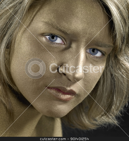 To use this stock image in your creative project, please select the size you need over to the right and click the "Add to Cart" button.
Your downloaded image will come with the Cutcaster watermark removed so don’t worry about the watermark you see on this page. golden face of a young woman stock photo, portrait with a golden bodypainted face of a young woman with blue eyes by prill