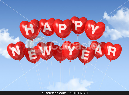 To use this stock image in your creative project, please select the size you need over to the right and click the "Add to Cart" button.
Your downloaded image will come with the Cutcaster watermark removed so don’t worry about the watermark you see on this page. happy new year heart shaped balloons stock photo, red Happy new year heart shaped balloons floating in a blue sky by Laurent Davoust