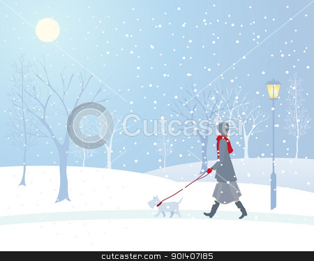 To use this stock image in your creative project, please select the size you need over to the right and click the "Add to Cart" button.
Your downloaded image will come with the Cutcaster watermark removed so don’t worry about the watermark you see on this page. snowy park stock vector clipart, an illustration of a woman walking a small dog in a snowy park with an old fashioned lamp and frosted trees by Mike Smith