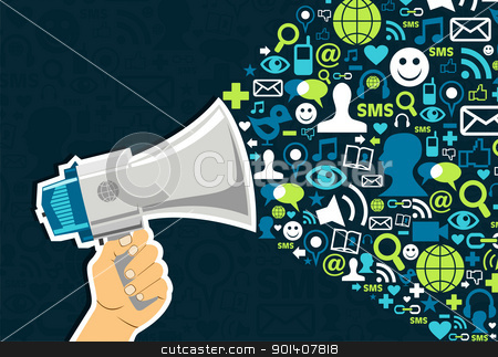 To use this stock image in your creative project, please select the size you need over to the right and click the "Add to Cart" button.
Your downloaded image will come with the Cutcaster watermark removed so don’t worry about the watermark you see on this page. Social media Marketing stock vector clipart, Hand holding a megaphone throwing social media icons on blue background. Vector file available. by Cienpies Design