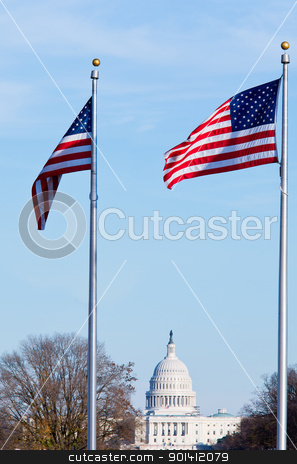 To use this stock image in your creative project, please select the size you need over to the right and click the "Add to Cart" button.
Your downloaded image will come with the Cutcaster watermark removed so don’t worry about the watermark you see on this page. Washington Capitol stock photo, Capitol dome on a clear winter day with stars and stripes flag in foreground by Steven Heap