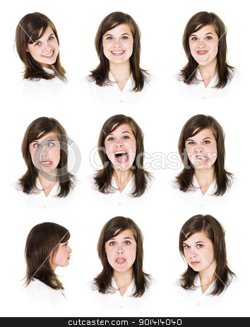 Nine portraits of a woman Nine portraits of a woman stock photo, Nine portraits of a young woman isolated on white background by Anne-Louise Quarfoth