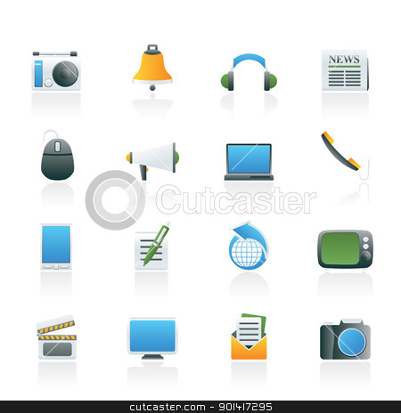 To use this stock image in your creative project, please select the size you need over to the right and click the "Add to Cart" button.
Your downloaded image will come with the Cutcaster watermark removed so don’t worry about the watermark you see on this page. Communication and media icons stock vector clipart, Communication and media icons - vector icon set by Stoyan Haytov