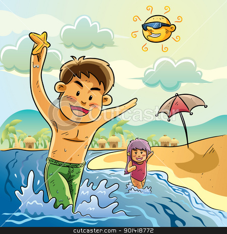 To use this stock image in your creative project, please select the size you need over to the right and click the "Add to Cart" button.
Your downloaded image will come with the Cutcaster watermark removed so don’t worry about the watermark you see on this page. Kids Playing on The Beach stock vector clipart, cartoon illustration of kids playing on the beach for your summer greeting by H4nK