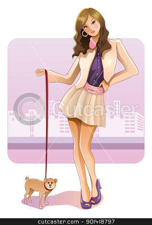 To use this stock image in your creative project, please select the size you need over to the right and click the "Add to Cart" button.
Your downloaded image will come with the Cutcaster watermark removed so don’t worry about the watermark you see on this page. Sexy Girl With Puppy stock vector clipart, cartoon illustration of pretty girl walk around city with puppy by H4nK