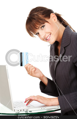To use this stock image in your creative project, please select the size you need over to the right and click the "Add to Cart" button.
Your downloaded image will come with the Cutcaster watermark removed so don’t worry about the watermark you see on this page. Woman typing on keyboard and holding credit card stock photo, Businesswoman typing on keyboard and holding credit card, isolated on white background by iMarin