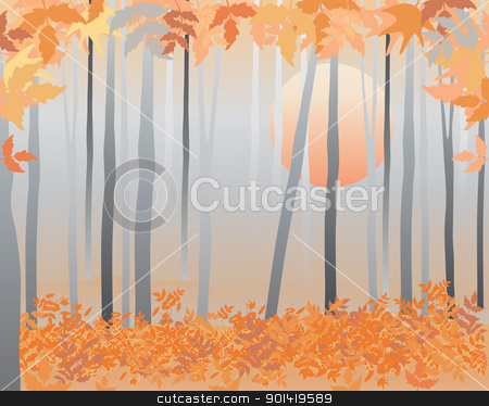 Autumn woods autumn woods stock vector clipart, an illustration of a deciduous wood in the fall with gray tree trunks and colorful leaves at sunset by Mike Smith