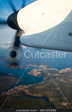 Aeroplane flying over Croatia Aeroplane flying over Croatia stock photo, Nose of aeroplane flying over Croatian coast. by Paul Prescott