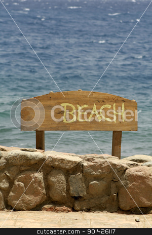 Beach sign, beach sign, stock photo, beach sign, red sea beach resort, sinai, egypt by Paul Prescott