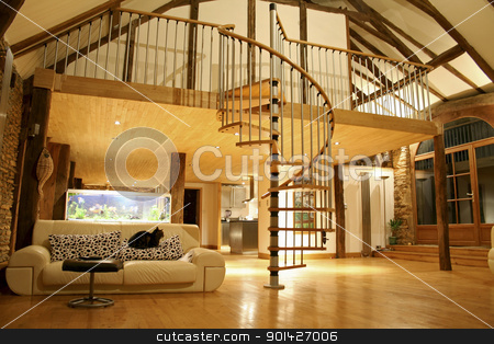 To use this stock image in your creative project, please select the size you need over to the right and click the "Add to Cart" button.
Your downloaded image will come with the Cutcaster watermark removed so don’t worry about the watermark you see on this page. cozy house stock photo, Open space living room and second floor mezzanine in cozy house by Paul Prescott