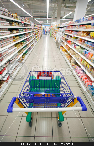 Supermarket perspective supermarket perspective stock photo, Supermarket cart traveling down the aisle for a shop by Paul Prescott