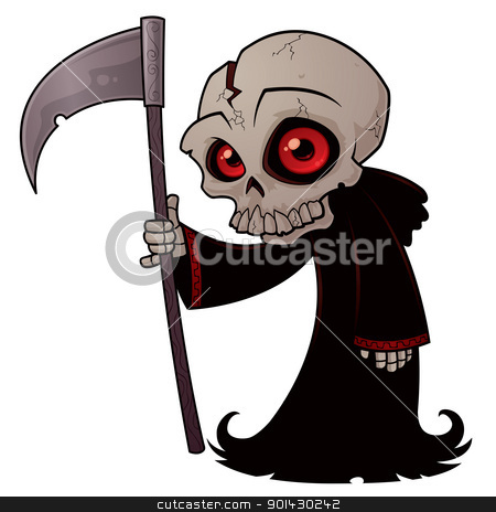 Little Reaper Little Reaper stock vector clipart, Vector cartoon illustration of a little Grim Reaper with red eyes holding a scythe. by John Schwegel