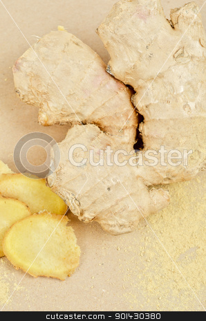 Ginger ginger stock photo, Fresh, dried and powdered ginger at brown background by olinchuk