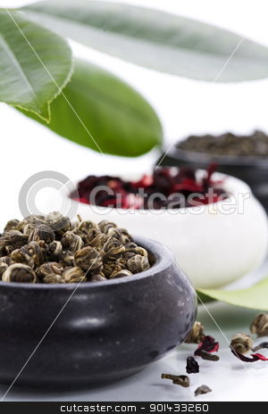 Fresh tea fresh tea stock photo, tree kinds of tea in bowls on white background by klenova