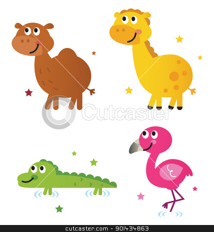 To use this stock image in your creative project, please select the size you need over to the right and click the "Add to Cart" button.
Your downloaded image will come with the Cutcaster watermark removed so don’t worry about the watermark you see on this page. Cute safari africa animals set isolated on white stock vector clipart, Safari animals - giraffe, camel, croc and flamengo. Vector cartoon by Jana Guothova