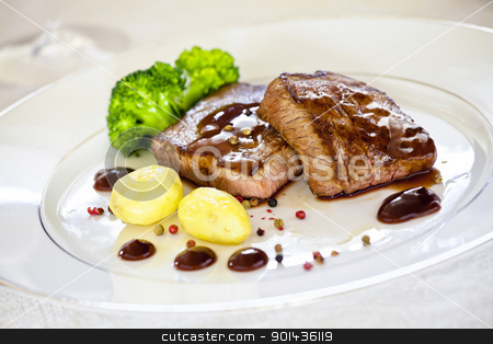 To use this stock image in your creative project, please select the size you need over to the right and click the "Add to Cart" button.
Your downloaded image will come with the Cutcaster watermark removed so don’t worry about the watermark you see on this page. Gourmet Steaks stock photo, Close up photograph of a gourmet dish with steaks and potatoes by mpessaris