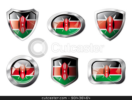 To use this stock image in your creative project, please select the size you need over to the right and click the "Add to Cart" button.
Your downloaded image will come with the Cutcaster watermark removed so don’t worry about the watermark you see on this page. Kenya set shiny buttons and shields of flag with metal frame - v stock vector clipart, Kenya set shiny buttons and shields of flag with metal frame - vector illustration. Isolated abstract object against white background. by mozzyb
