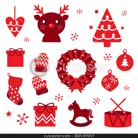 Vector collection of christmas retro elements isolated on white Vector collection of christmas retro elements isolated on white stock vector clipart, Red retro xmas items and elements ( red ) by Jana Guothova