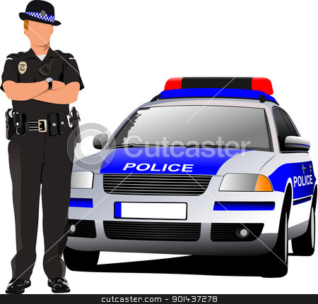 Police woman standing near police car isolated on white. Vector Police woman standing near police car isolated on white. Vector stock vector clipart, Police woman standing near police car isolated on white. Vector illustration by Leonid Dorfman