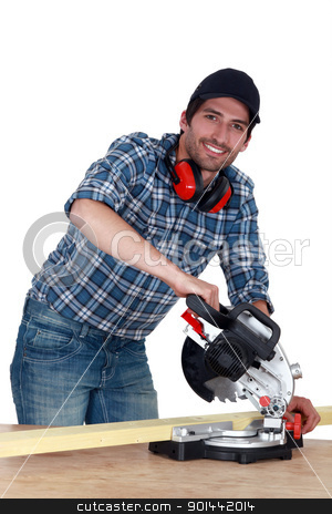 To use this stock image in your creative project, please select the size you need over to the right and click the "Add to Cart" button.
Your downloaded image will come with the Cutcaster watermark removed so don’t worry about the watermark you see on this page. A carpenter with a circular saw. stock photo, A carpenter with a circular saw. by photography33