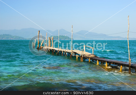To use this stock image in your creative project, please select the size you need over to the right and click the "Add to Cart" button.
Your downloaded image will come with the Cutcaster watermark removed so don’t worry about the watermark you see on this page. Gulf of Thailand Scenery stock photo, The Gulf of Thailand beautiful scenery, wooden pier on turquoise water and islands on the horizon by Rognar