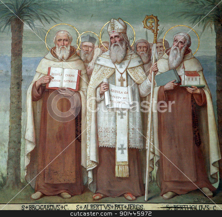 To use this stock image in your creative project, please select the size you need over to the right and click the "Add to Cart" button.
Your downloaded image will come with the Cutcaster watermark removed so don’t worry about the watermark you see on this page. Carmelite Saints stock photo, Saint Brocardus, Albert of Jerusalem and Berthold, Carmelite Saints, The Church Stella Maris, Haifa, Israel by Zvonimir Atletic