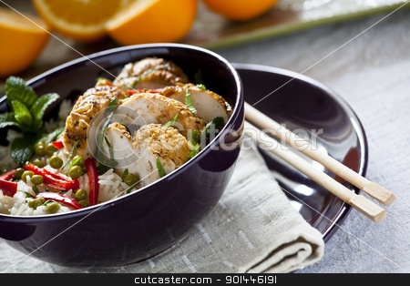 To use this stock image in your creative project, please select the size you need over to the right and click the "Add to Cart" button.
Your downloaded image will come with the Cutcaster watermark removed so don’t worry about the watermark you see on this page. Chinese Meal stock photo, Photograph of a bowl of rice with vegetables and chicken by mpessaris