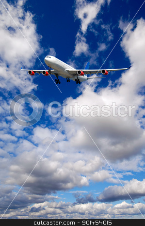 To use this stock image in your creative project, please select the size you need over to the right and click the "Add to Cart" button.
Your downloaded image will come with the Cutcaster watermark removed so don’t worry about the watermark you see on this page. Air travel - Plane is flying in blue sky with clouds stock photo, Air travel - Plane is flying in blue sky with clouds by Lars Christensen