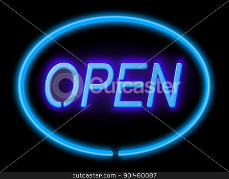 Open for business. Open for business. stock photo, Illustration depicting an illuminated blue 'open' sign with black background, by Samantha Craddock