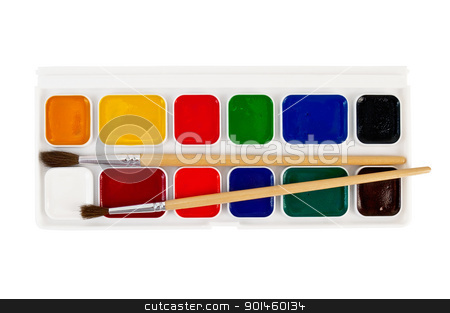Paint with brushes Paint with brushes stock photo, A box of paints, two brushes isolated on white background by rezkrr