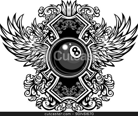 Billiards Eightball Ornate Graphic Vector Template Billiards Eightball Ornate Graphic Vector Template stock vector clipart, Billiards or Pool Eight Ball with Ornate Wing Borders Vector Graphic by chromaco