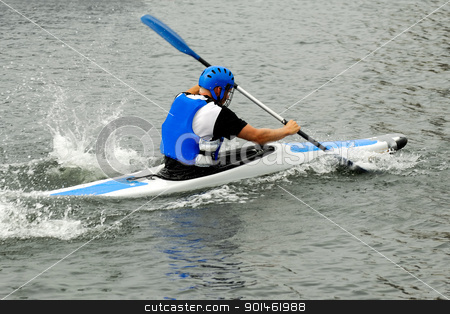To use this stock image in your creative project, please select the size you need over to the right and click the "Add to Cart" button.
Your downloaded image will come with the Cutcaster watermark removed so don’t worry about the watermark you see on this page. Man racing in kayak stock photo, Man is racing in his kayak. by Lars Christensen