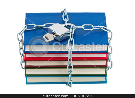 Books in chains closed padlock with key isolated. Books in chains closed padlock with key isolated. stock photo, Books in chains closed padlock with key isolated. by Borys Shevchuk