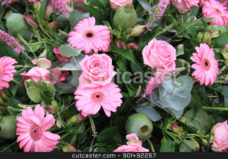 To use this stock image in your creative project, please select the size you need over to the right and click the "Add to Cart" button.
Your downloaded image will come with the Cutcaster watermark removed so don’t worry about the watermark you see on this page. Mixed pink floral arrangement stock photo, Flower arrangement with different pink flowers, like roses and gerberas by Porto Sabbia