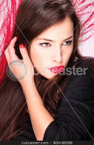 Lady in front of red feather lady in front of red feather stock photo, Pretty lady in front of red feather by iMarin