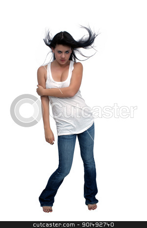 To use this stock image in your creative project, please select the size you need over to the right and click the "Add to Cart" button.
Your downloaded image will come with the Cutcaster watermark removed so don’t worry about the watermark you see on this page. Beautiful Brunette with Hair Blowing (3) stock photo, A studio glamour full-length portrait of a lovely young brunette with her hair blowing, isolated on a white background with generous copyspace. by Carl Stewart